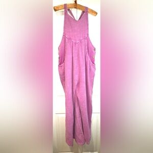 Pink Textured Cotton Blend Overalls Jumpsuit